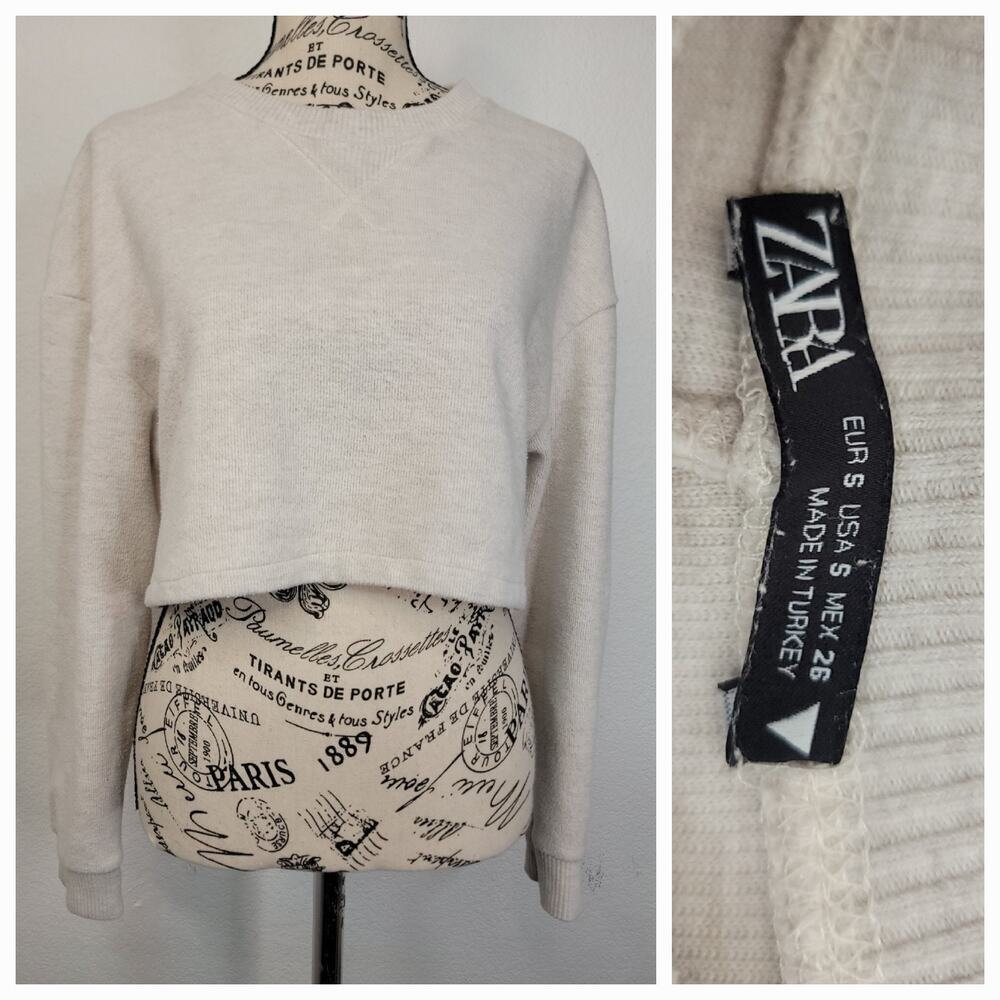 ZARA Crop Knit Top Small Long Sleeves Crewneck Sand Beachy